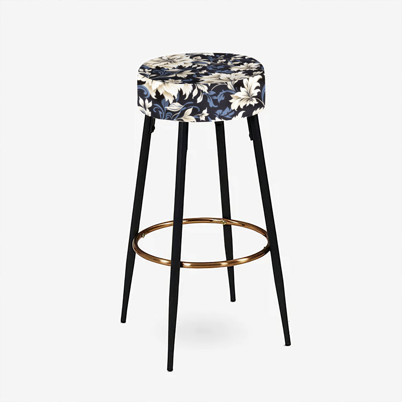Tabouret de bar damassé bleu foncé et beige