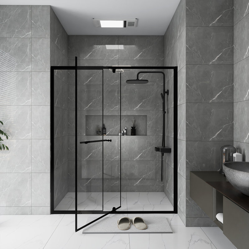 60.In W X 72.In H Pivot Shower Door | 1/4 Inch Thick Clear Tempered Glass | With Stainless Steel Handle | Black, Matte Black