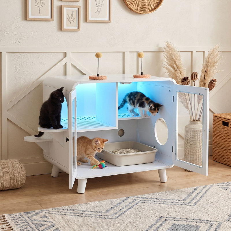Enclos à chat rétro avec arbre à chat et éclairage à DEL RVB, Blanc