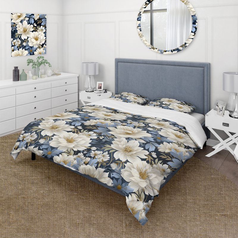Motif floral bleu rétro - ensemble de housse de couette floral - microfibre de polyester