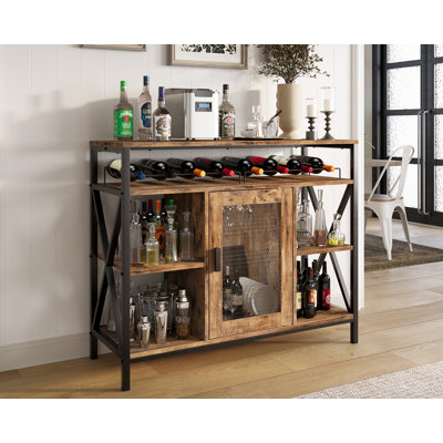 Wine Bar Cabinet With Storage, Industrial Liquor Cabinet With Wine Rack & Glass Holder, Small Wood Metal Cart Bar Table Sideboard Buffet For Home Kitc by 17 Stories
