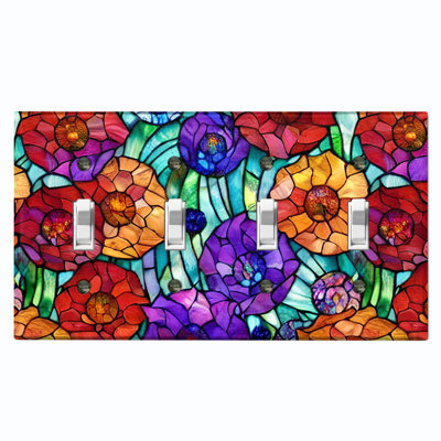 Metal Light Switch Plate Outlet Cover (Colorful Flower Tile Glass Print - Quadruple Toggle)