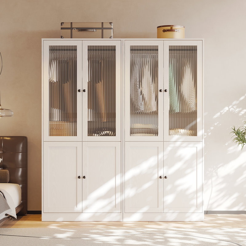 Armoire moderne 20 po x l 63 po x H 71 po avec portes à fermeture douce - garde-robe en verre cannelé avec tablettes et tiroirs