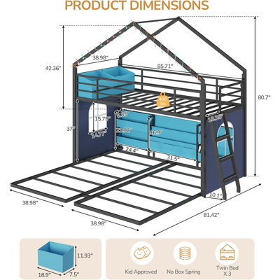 Triple Bunk Bed With 2 Storage Bins, Bookshelf & Toy Organizer,twin Over Twin Over Twin House Bunk Bed With Globe String Lights, Heavy-duty Metal Bunk Beds With Safety Guardrails & Ladder,black+blue