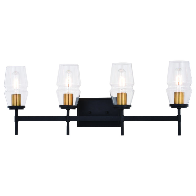 Legault Black And Brass Mid Century Modern Bathroom Vanity Wall Fixture Clear Glass, 4 Lights