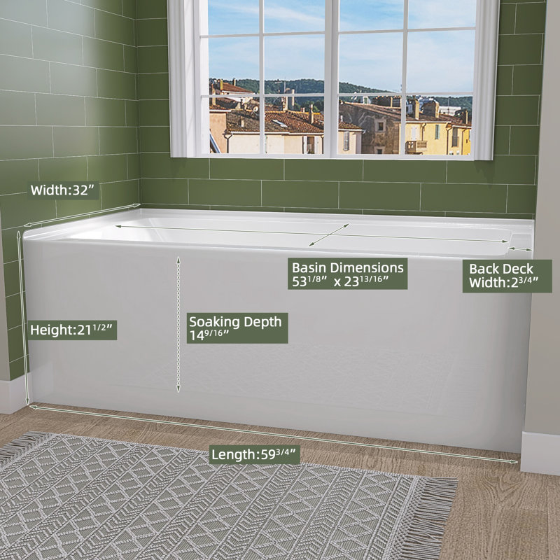 60'' x 32'' Drop-in Bathtub Acrylic  Alcove Apron Skirt Walk-in Soaking Tub in Glossy White  with Overflow & Drain in Chrome