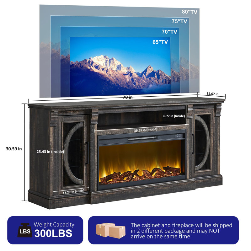 Crescent Fireplace TV Stand (Fits 80 Inch Tvs) – 36 Inch Electric Fireplace, Farmhouse LED Entertainment Center With Glass Door,Dark Rustic Oak