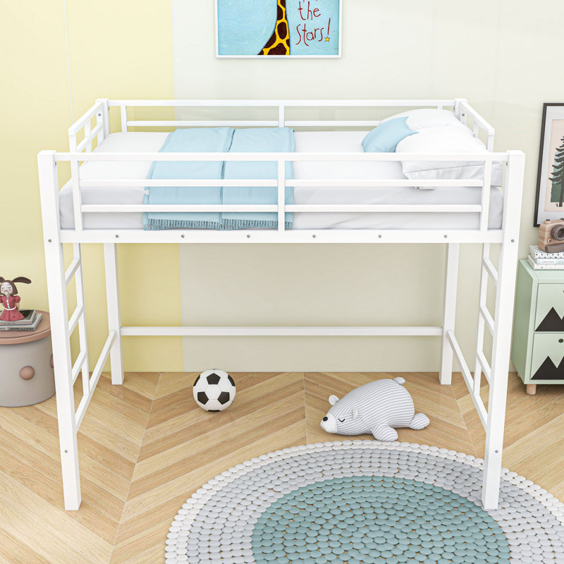 Metal Loft Bed with Dual Ladders and Slats,Guardrails, Full