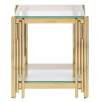 Stylish 20-Inch Square End Table With Tempered Glass Top And Golden Stainless Steel Frame For Modern Living Spaces