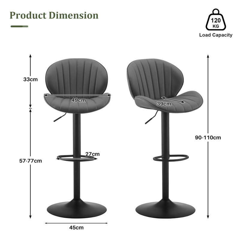 Swivel Upholstered Adjustable Height Bar Stool, Grey