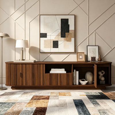 TV Stand with Open Shelf, Drawer, Cabinets, Hidden Sliding Storage, Rounded Corners
