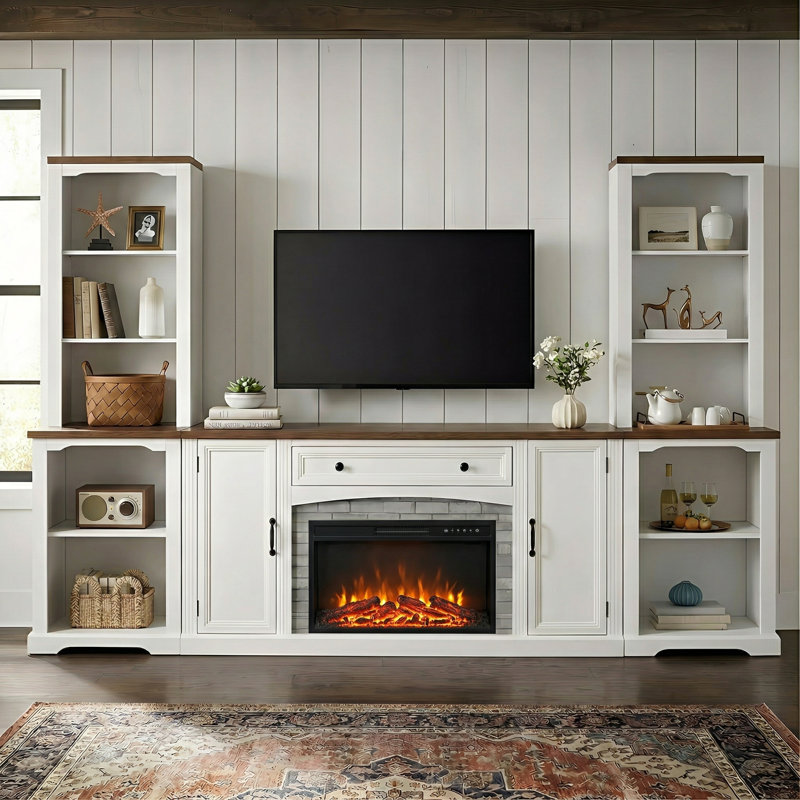 3-Piece Farmhouse Entertainment Center with Electric Fireplace Mantel, Walnut TV Stand for TVs Up to 70" with Storage & Bookshelves
