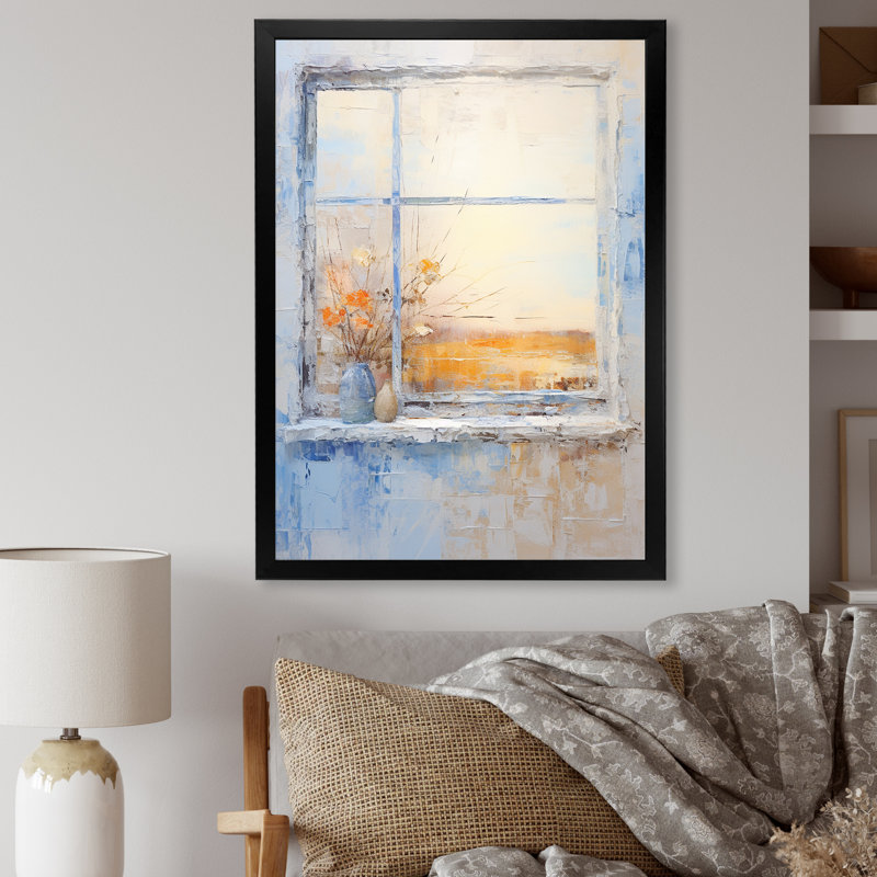 «Yellow Blooms Farm Windows Countryside I» - art mural fenêtres de ferme, Cadre simple noir, H 44 po x l 34 po x P 1,5 po