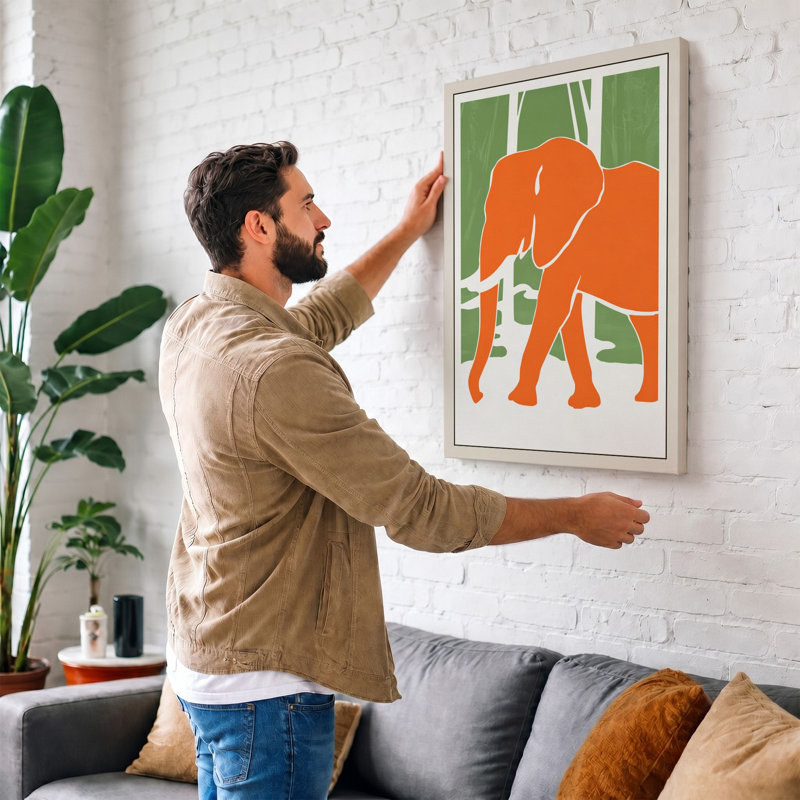 Walking Elephant Boho - Print, 30x20 - 76.2 x 50.8 cm, Teal Border