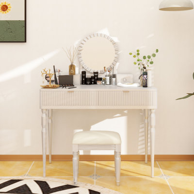 Luxury Vanity Desk With Round Mirror,Height-Adjustable, Stylish Dressing Table Set, 4 Drawers & Stool