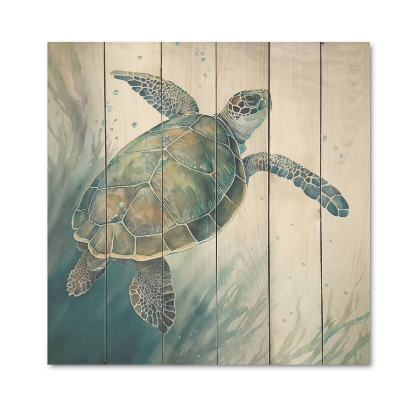 Tortue aquarelle nageant I - impression sur bois, L 24 po x H 24 po x P 1 po