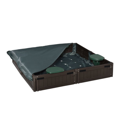 48.5 Inch Kids Outdoor Sandbox with Weatherproof Cover - Brown HDPE Children's Backyard Play Station with Seating - Easy Assembly Toddler Sandpit for Outdoor Play