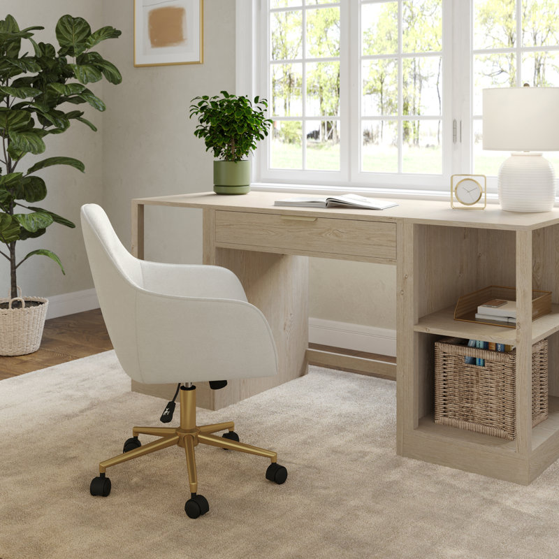 Chaise de bureau rembourrée Rayna, Blanc, Laiton poli, Tissu
