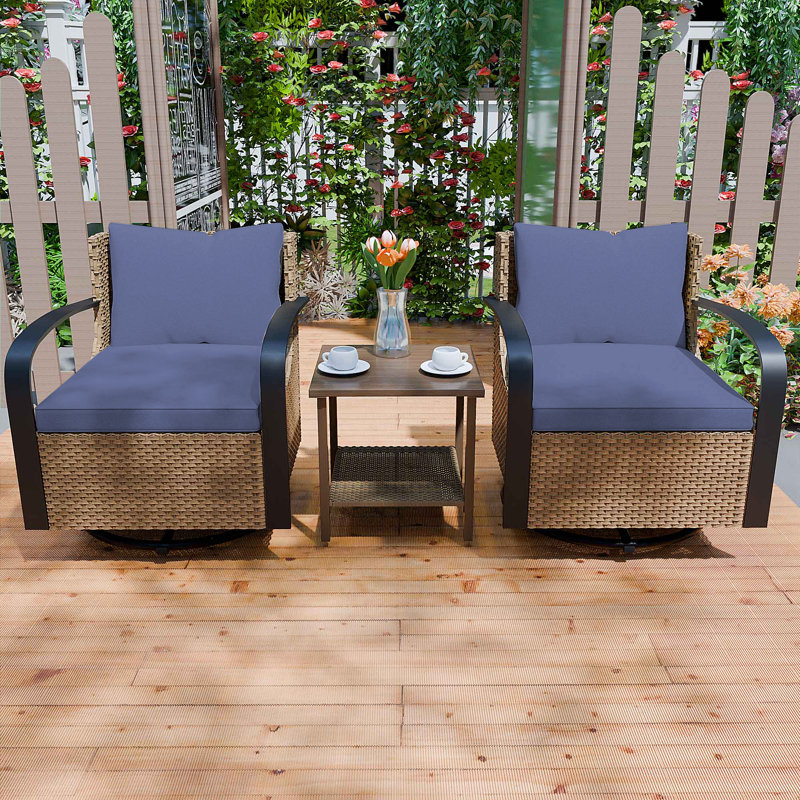 3-Pieces 2-Person Patio Swivel Wicker Seating Group with Cushions, Blue