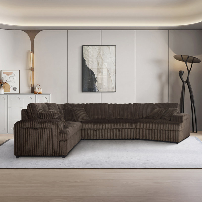 Chocolate RHF Corduroy Cuddler Half U-Shape Sectional With Pull Out Bed + Armrest Storage W/ USB + 6 Pillows