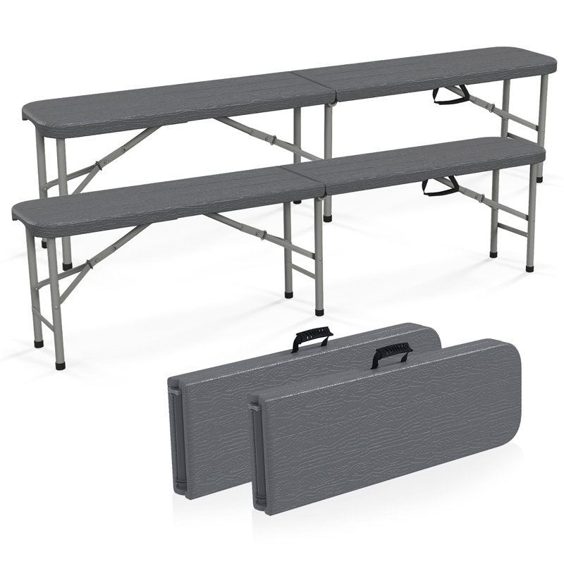 2 pièces Banc pliable en plastique de 6 pi avec poignée et serrure de capacité de 1320 lb pour l'extérieur, Gris
