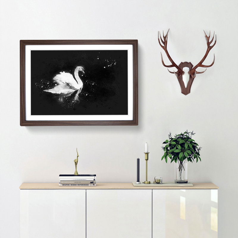 Swan - Picture Frame Graphic Art Print, 33cm H x 45cm W x 2cm D, Walnut Framed