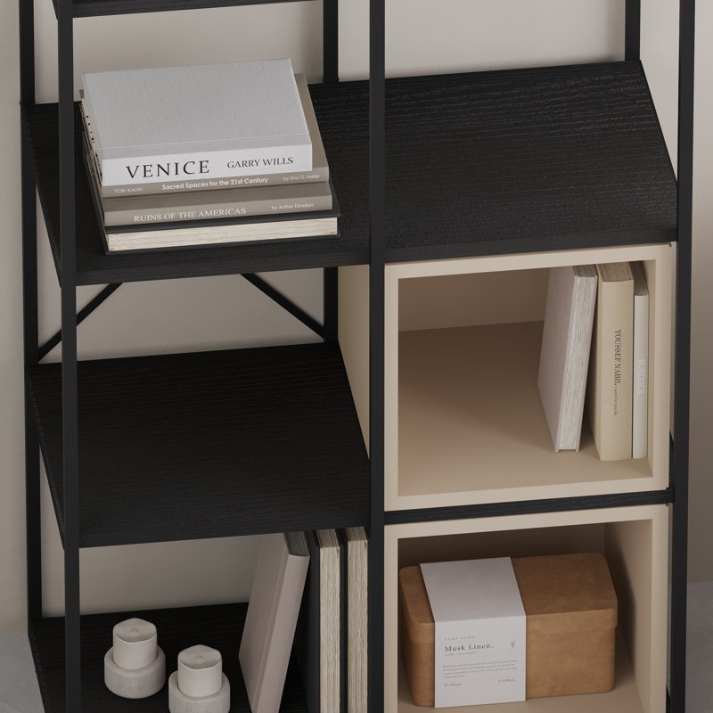 Vale 5-Shelf Display Bookcase with Cross Metal Frame, Black/Sandstone
