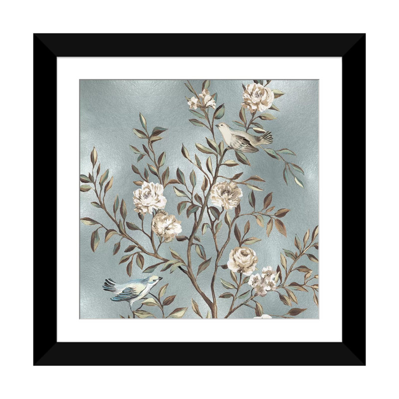 «Chinoiserie In Silver I» par Renee Campbell - Estampe numérique sur toile tendue avec châssis, Papier d'art encadré noir