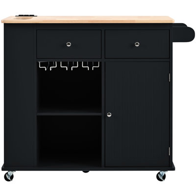 Îlot de cuisine avec bloc d'alimentation et rallonge pliante. Noir Étagère ouverte, porte-verre à vin. Prise d'espace encastrée dans un abattant extensible, support moderne