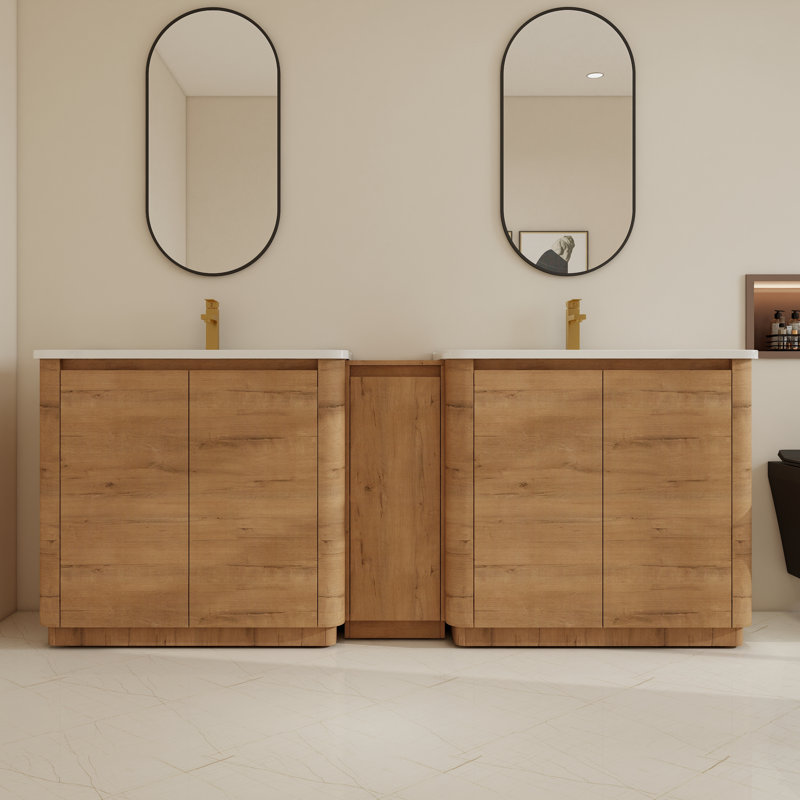 Ensemble de meuble-lavabo double autoportant 84 po avec lavabos en céramique et tablettes réglables 84 po, 84", Imitative Oak