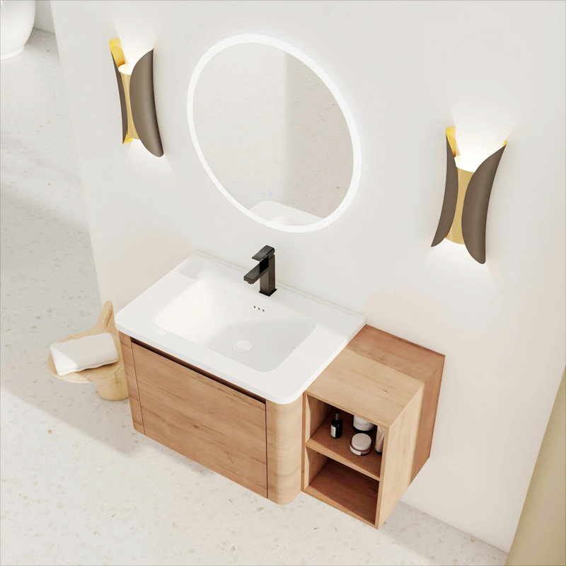 Meuble-lavabo mural avec lavabo, tablettes de rangement et porte à fermeture en douceur