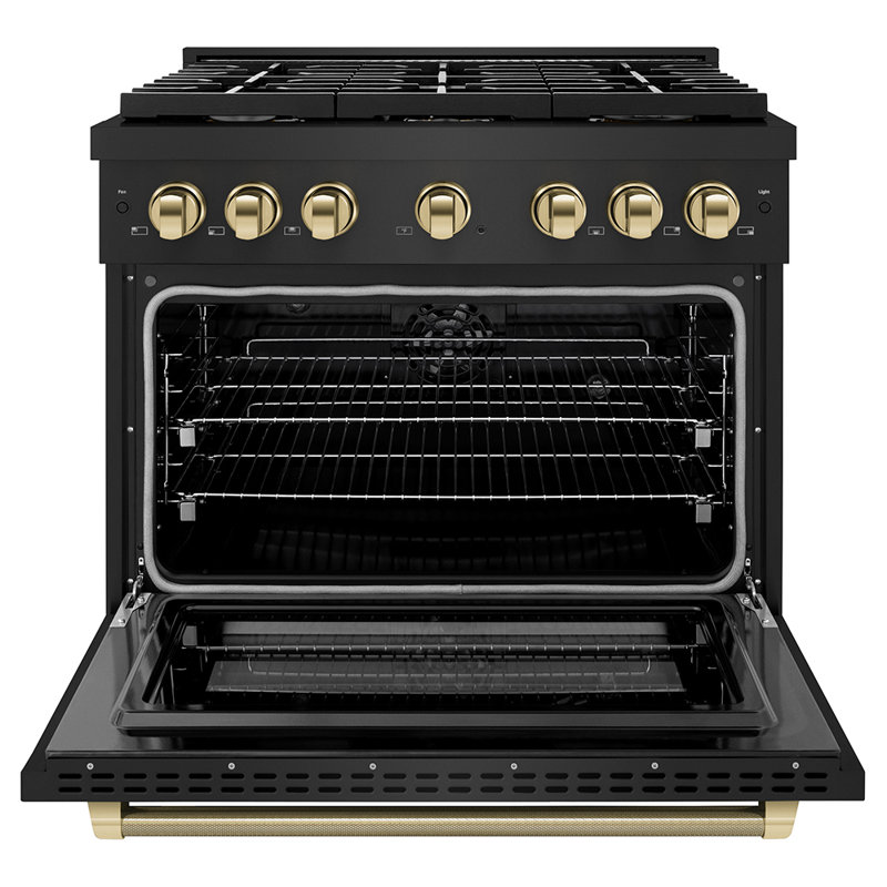 ZLINE Autograph 36 in. Paramount Dual Fuel Range in Black Stainless Steel and Gold Helix Handle, Polished Gold