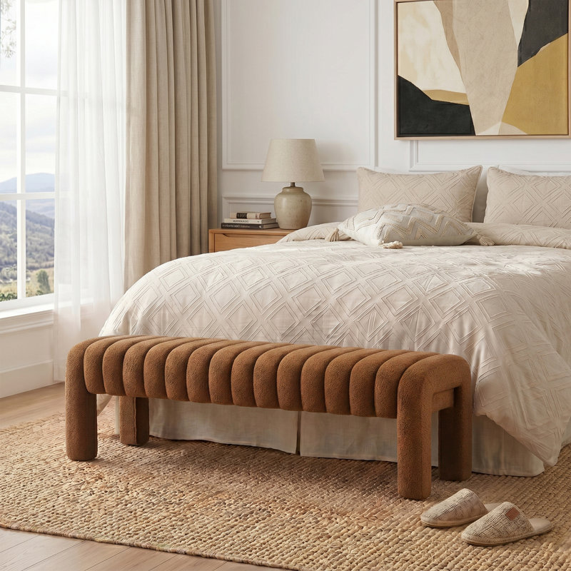 Banc rembourré sans dossier Oyan, Bouclette brune, H 17 po x l 63 po x P 17,3 po