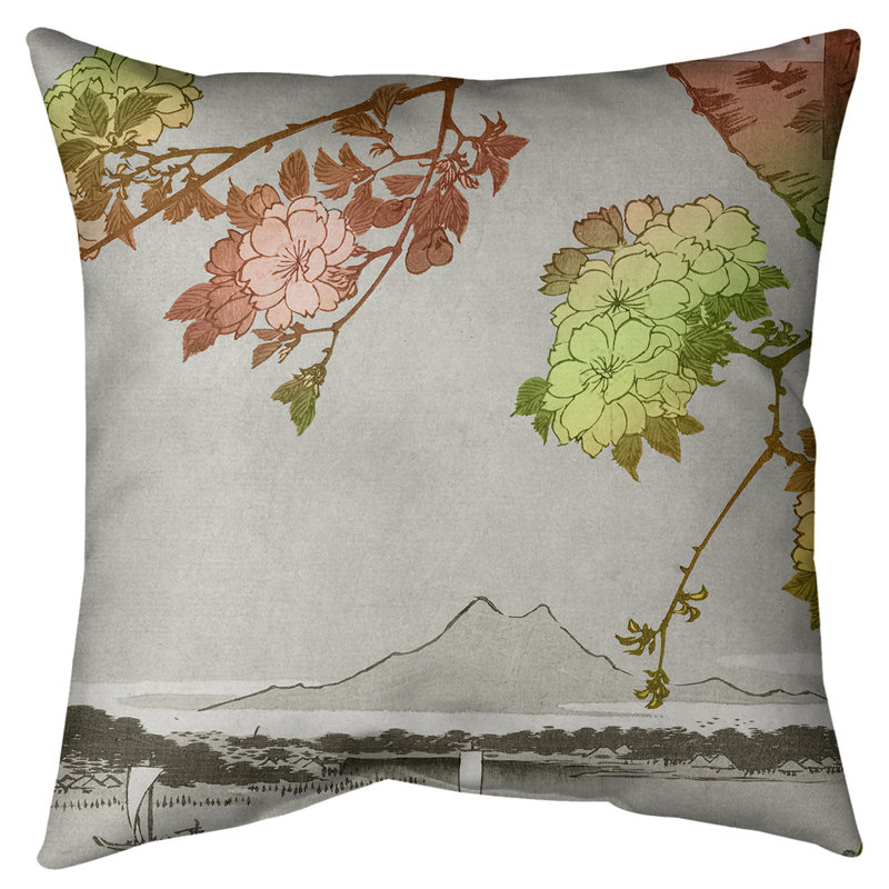 Coussin Utagawa Hiroshige Blossoms Over the River, 40 po x 40 po, Rouge / dégradé vert