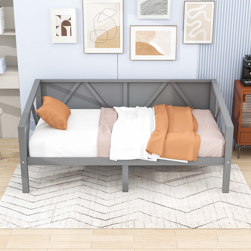 Lit de jour en bois avec espace de rangement supplémentaire, Lit simple, Gris
