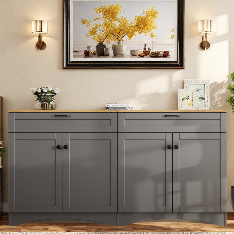 Farmhouse Sideboard With Adjustable Shelves And Rustic Handles, Gray