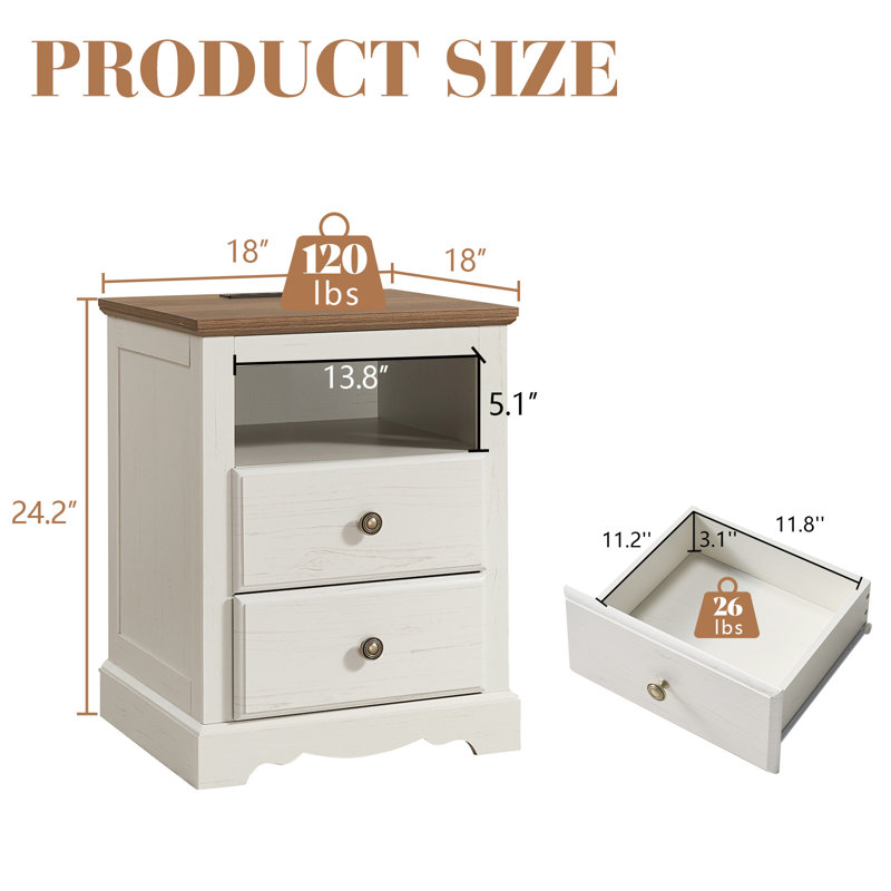 Ingberg Nightstand With Charging Station, White