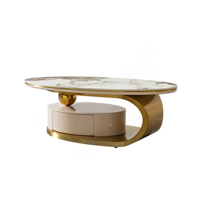Table basse moderne en pierre frittée de 0,47 po d'épaisseur avec 2 tiroirs, base en acier inoxydable or mat
