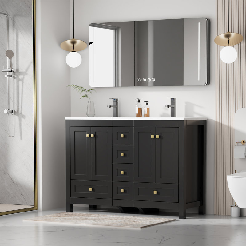 Makowski Wimer 48'' Double Sink Bathroom Vanity Set With Resin Top, Faucet, Assembly Required, Black/Gold