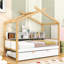 Lit en bois en forme de maison avec lit gigogne escamotable et tablettes intégrées-416227223