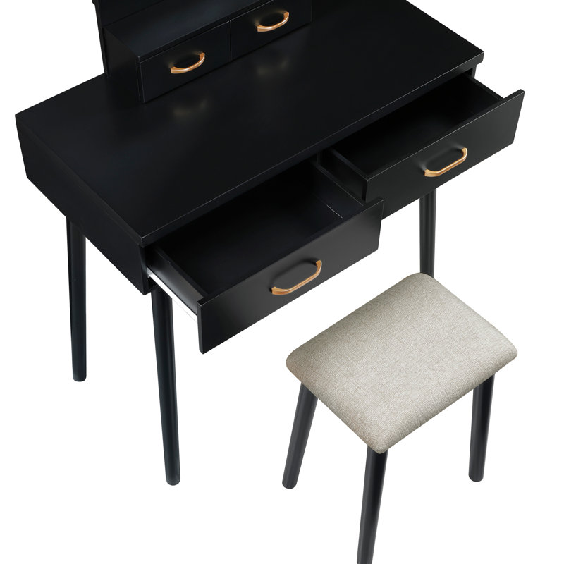 Meuble-lavabo exquis et fonctionnel avec finition noire, 4 tiroirs, miroir à DEL, tabouret pour commode de style chambre à coucher de luxe