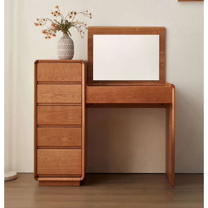 Table de maquillage moderne en bois de cerisier massif avec miroir rabattable et commode à tiroirs