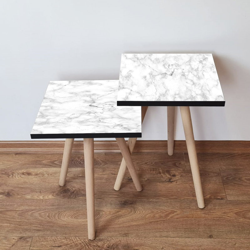 Ensemble de 2 tables gigognes modernes en marbre blanc et gris, 13,8 x 18,5 x 13,8 pouces et 13,8 x 16,5 x 13,8 pouces | 100% panneau de fibres à densité moyenne avec pieds en bois de hêtre, élégant et peu encombrant pour les salons contemporains