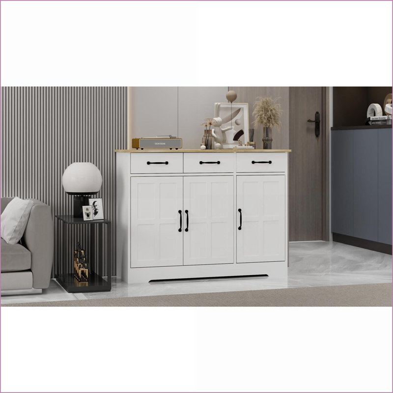 Buffet avec 3 tiroirs et 3 portes réglables | Panneau de fibres à densité moyenne blanc cassé Farmhouse | Rangement pour la cuisine et la salle à manger