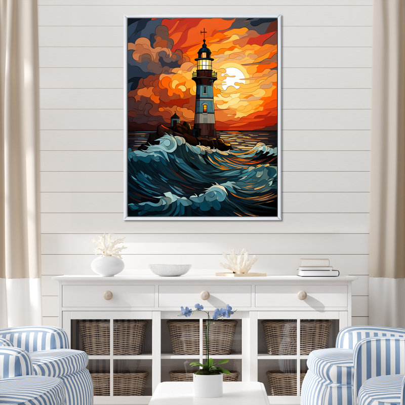 «Coastal Stormy Sunset Lighthouse Breeze IV», art mural phares, Cadre flottant blanc, 20" H x 12" W