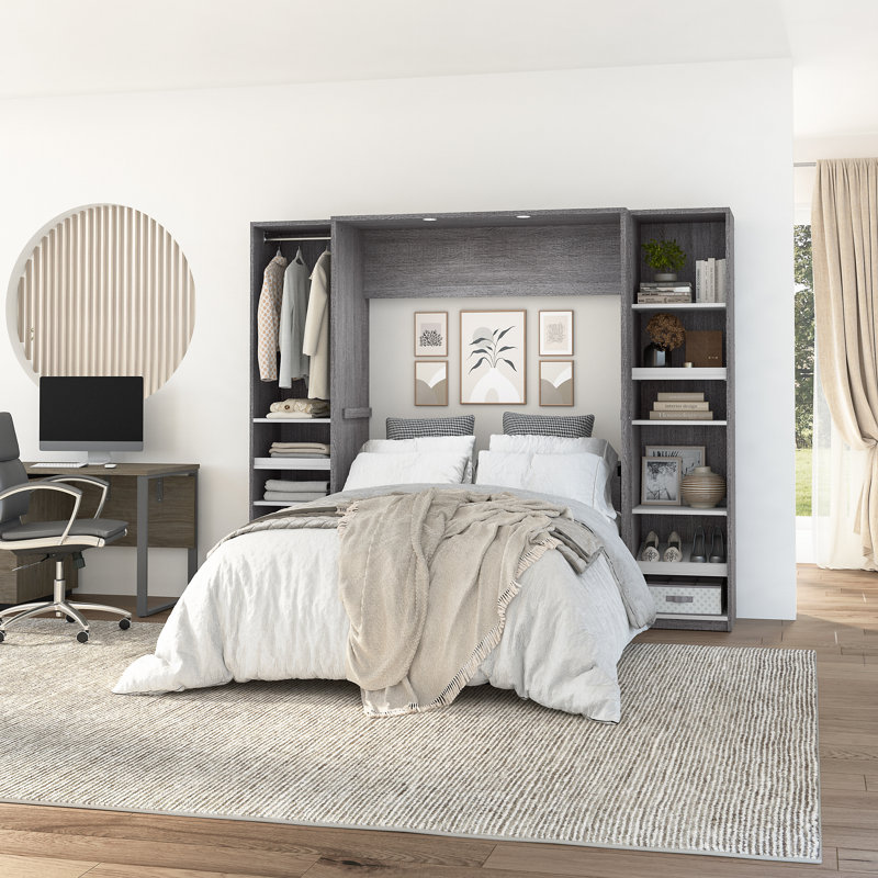 Osterman Storage Murphy Platform Bed with 2 Narrow Closet Organizers, Queen, Bark Gray