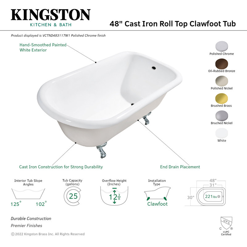 Baignoire à pattes en forme de D 48 po Kingston, Chrome poli