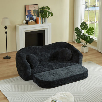 Curved Convertible Sofa Recliner, 2-In-1 Frameless Folding Sofa Bed With Pull-Out Base And Deep Seat Design, Chenille Two-Seater Reclining Sofa, No Assembly Required