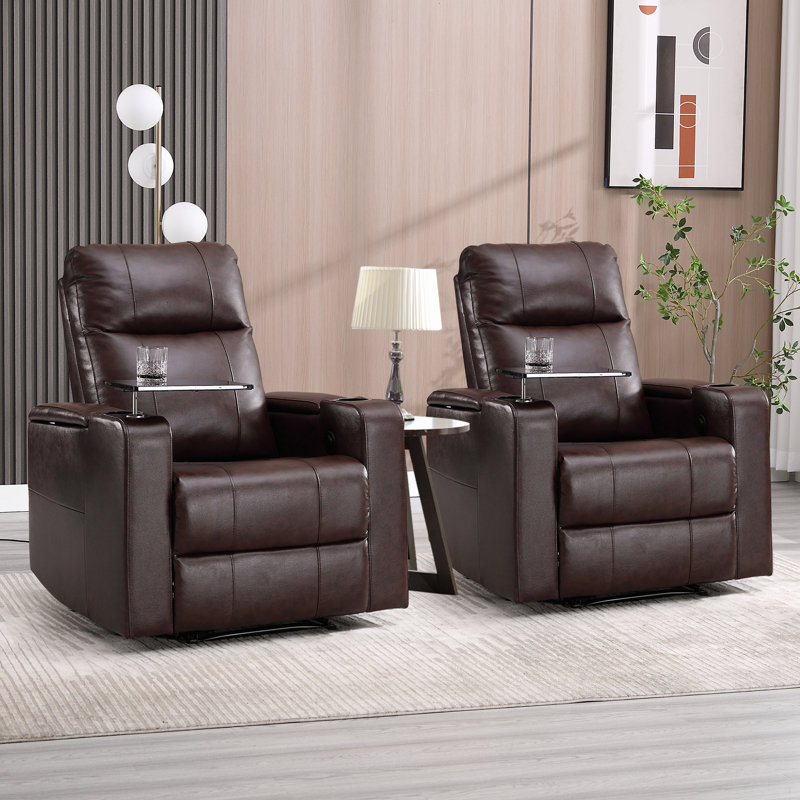 Ryat 33.1'' Wide Modern Faux Leather Power Recliner with Arm Table and Cupholders (Set of 2), Brown