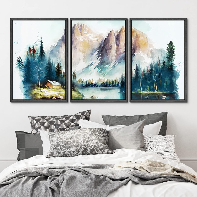 Forêt boisée, paysage, chalet, aquarelle, lac de montagne pastel, 3 pièces, Noir, H 36 po x l 24 po x P 1,5 po